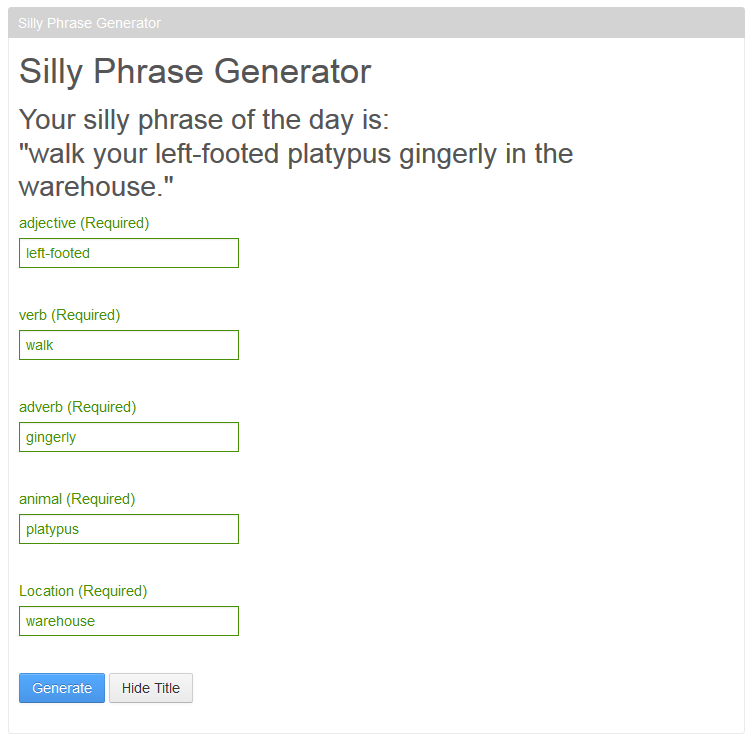 Figure 6: You can experiment with DOM manipulation by generating silly phrases with the Silly Phrase Generator example portlet.