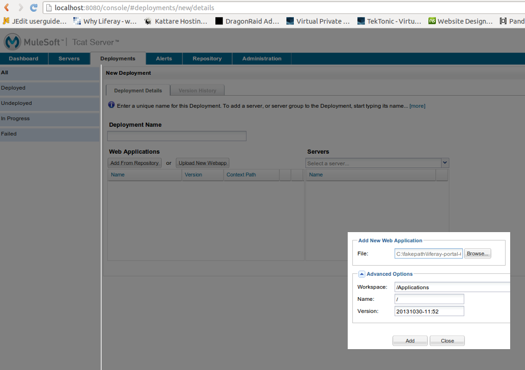 Figure 1.4: Upload your Liferay Portal WAR file using the Deployments tab of the Tcat Administration Console.