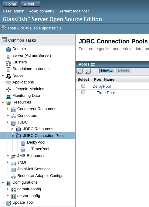 Figure 1.5: In the GlassFish administration console, navigate to JDBC Connection Pools.
