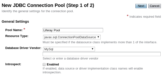 Figure 1.6: Its easy to configure a new Glassfish JDBC Connection Pool. Just enter a pool name, select a resource type, and specify a database driver vendor.