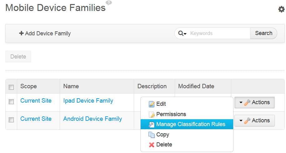 Figure 3.28: You can manage device rules from the Mobile Device Families administrative page.