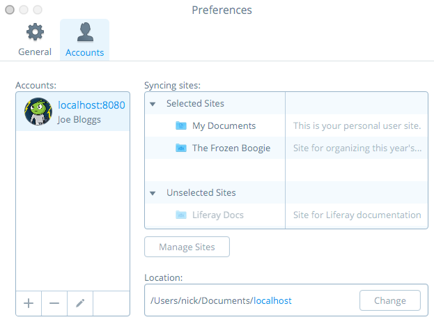 Figure 5.24: The Preferences menus Accounts tab lets you manage syncing with sites per account.