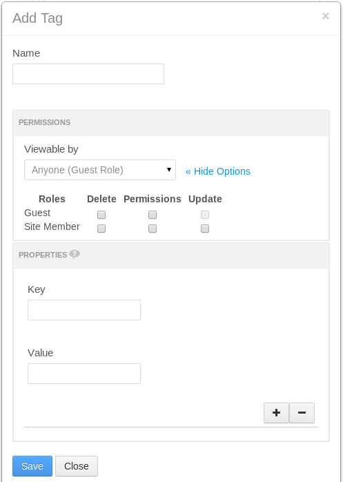 Figure 6.2: The Add Tag interface with editing of tag properties and permissions enabled. When managing a sites content, click on Tags and then Add Tag to create a new tag. The Add Tag interface allows you to enter a name for the tag, define permissions for the tag, and add properties to the tag.