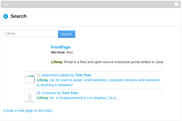 Figure 6.7: When using the Wiki portlets search bar to search for Liferay, wiki articles, comments, and attachments containing the word Liferay are returned.