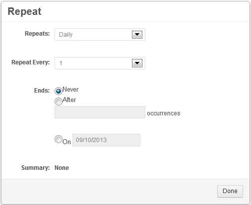 Figure 9.12: The Repeat box allows you to specify whether an events repeats daily, weekly, monthly, or yearly, how often it repeats, and when (or if) it ends.