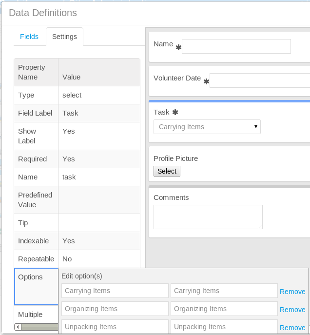 Figure 11.3: You can edit the properties of data fields. This allows you to, for example, add and edit selectable options for the Task drop-down menu on the Spring Move-In Sign Up form.