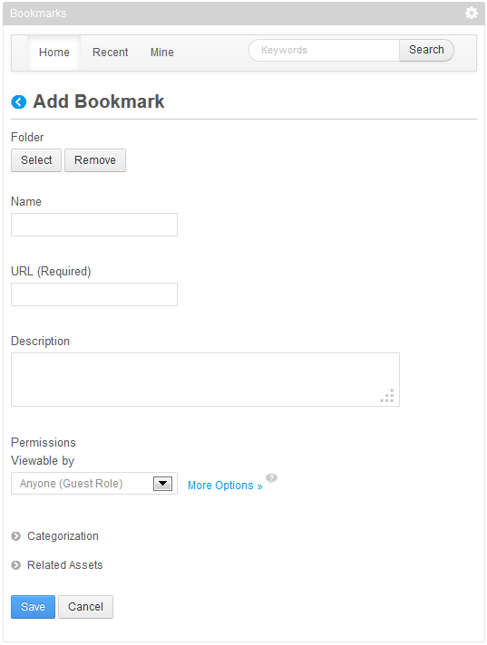 Figure 14.2: When you use the Add Bookmark form, you must enter a valid URL in the required field.