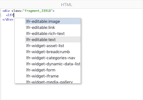Figure 1: The Fragment editor provides autocomplete for Liferay Fragment specific tags.