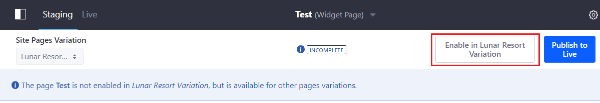 Figure 2: Select the Enable button to create a missing page in the current Site pages variation.