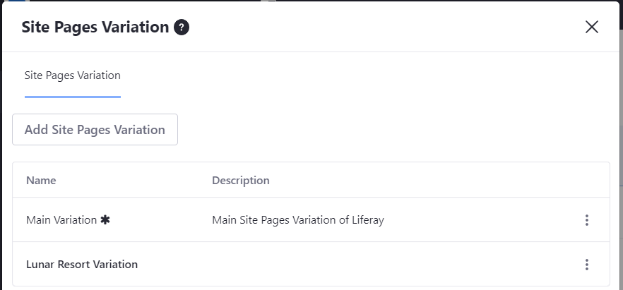 Figure 1: When selecting the Site Pages Variation link from the Staging Bar, youre able to add and manage your Site pages variations.