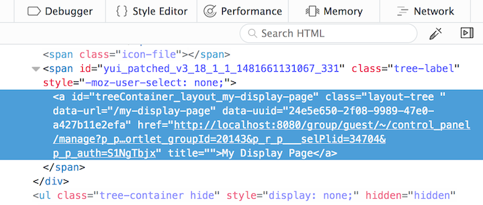 Figure 2: The URL and UUID can be seen in the data-url and data-uuid attributes of the Layout Item Selectors HTML.