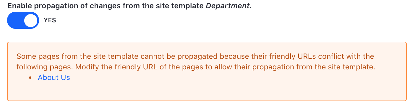 Figure 2: This type of warning is given when there are friendly URL conflicts with Site template pages.