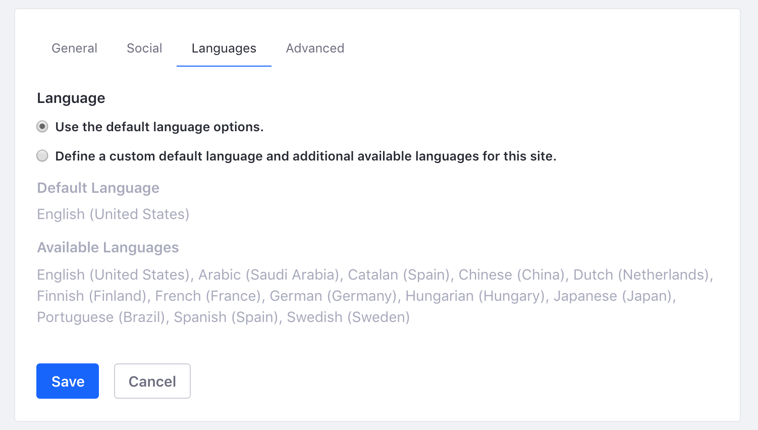 Figure 1: In the Languages tab, you can configure the site to use the instances default language or another supported language.
