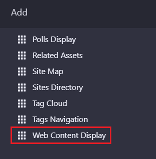 Figure 1: Add the Web Content Display app to a page to begin displaying your new web content article.