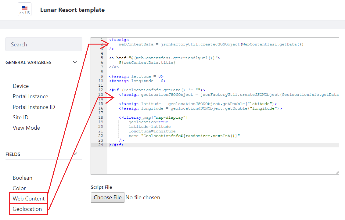 Figure 2: Add the Content and Geolocation snippets to create your web content template quickly.