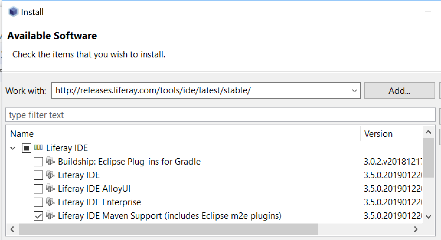 Figure 1: You can install all the necessary Maven plugins for Dev Studio by installing the Liferay IDE Maven Support option.