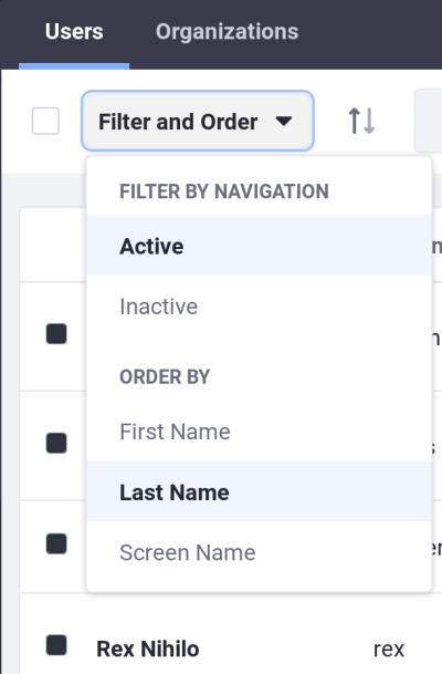 Figure 4: You can choose whether to view active or inactive (deactivated) portal users in the users list found at Product Menu → Control Panel → Users → Users and Organizations.