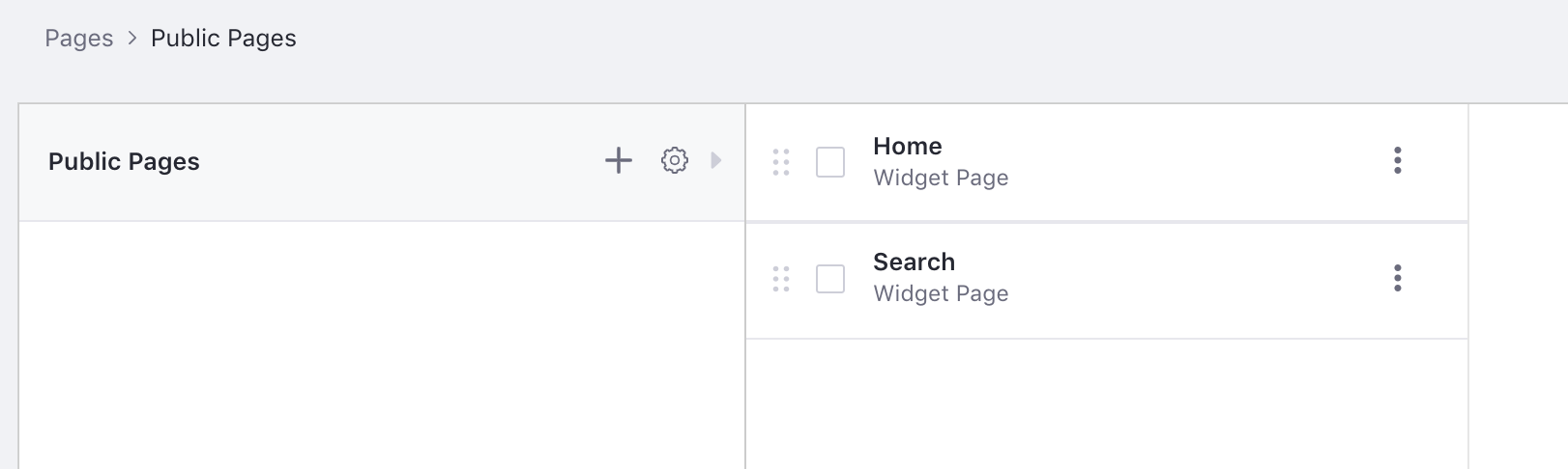 Figure 1: In the default site, initially only the Home and the hidden Search pages exist in the Public Pages Hierarchy.