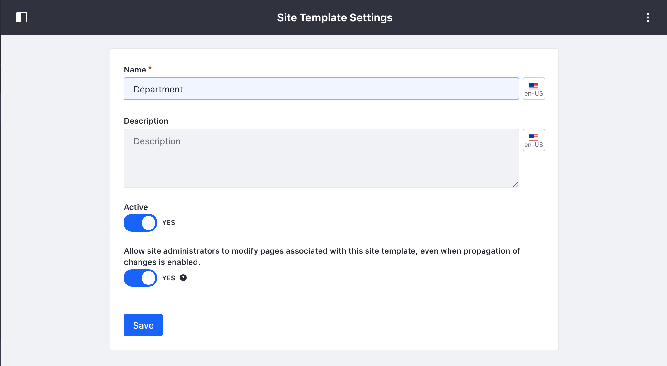 Figure 1: Site templates have several configurable options including the option to allow Site administrators to modify pages associated with the Site template.
