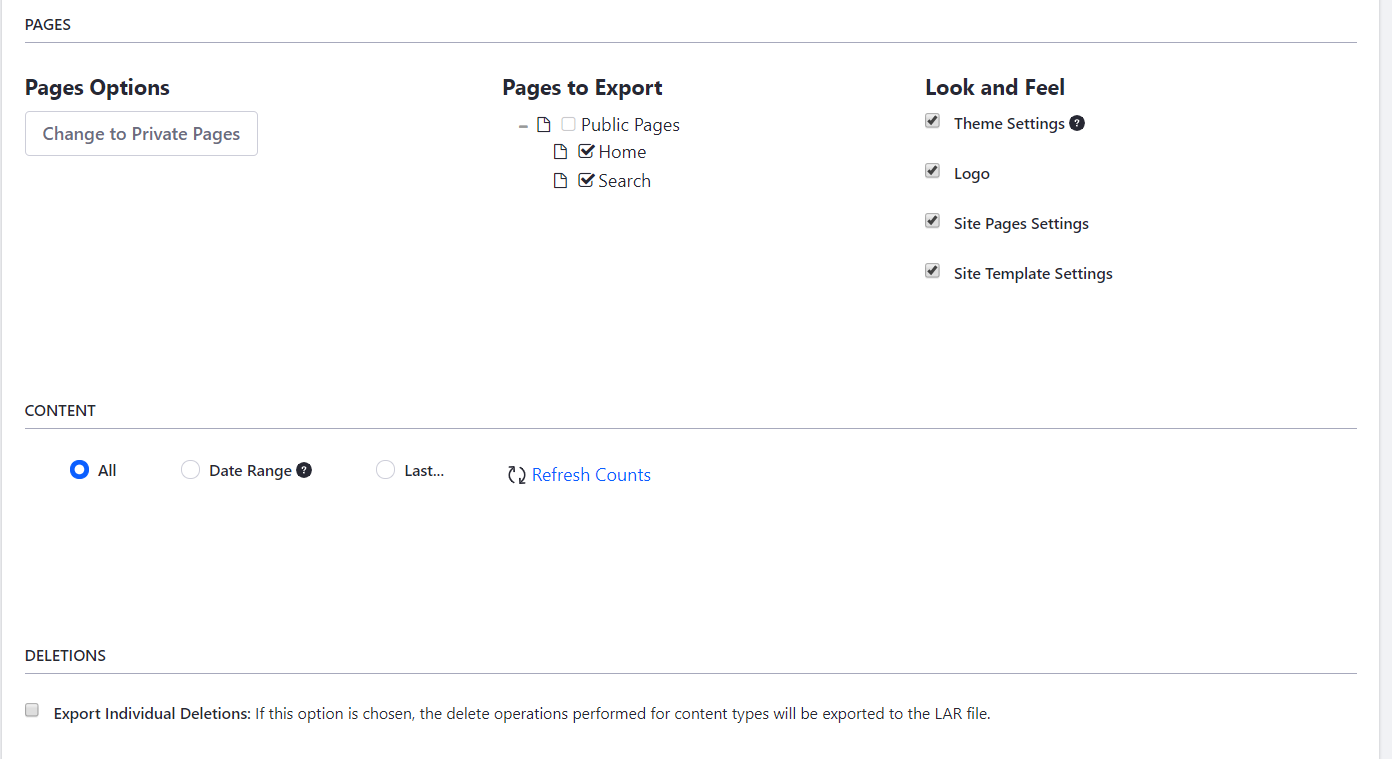 Figure 1: You can configure your export options manually by selecting pages, content, and permissions.