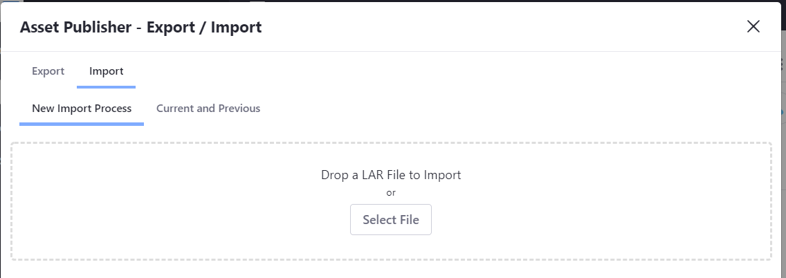 Figure 3: When importing widget data, you can choose a LAR file using the file explorer or drag and drop the file between the dotted lines.