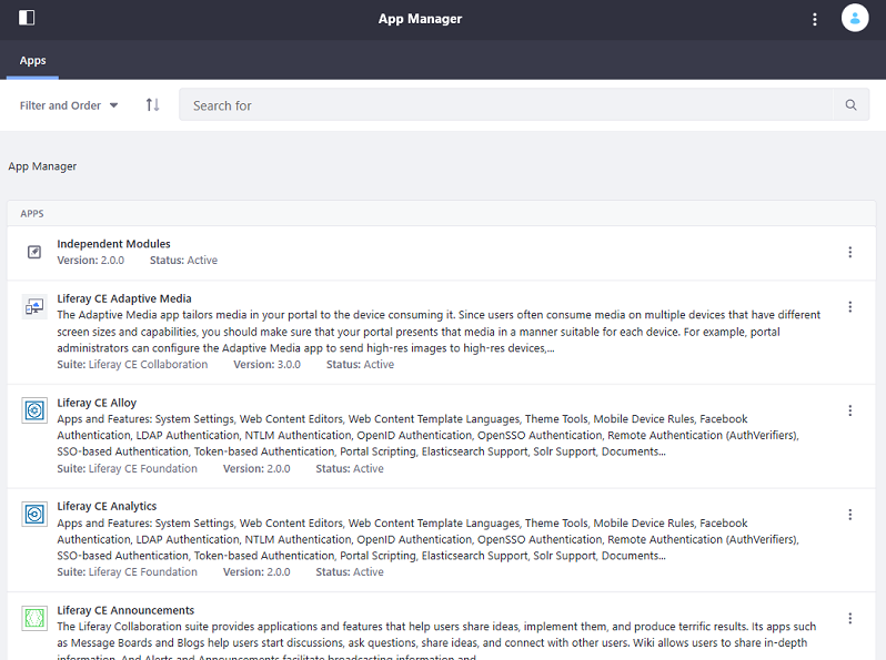 Figure 1: The App Manager lets you manage the apps, modules, and components installed in your Liferay DXP instance.