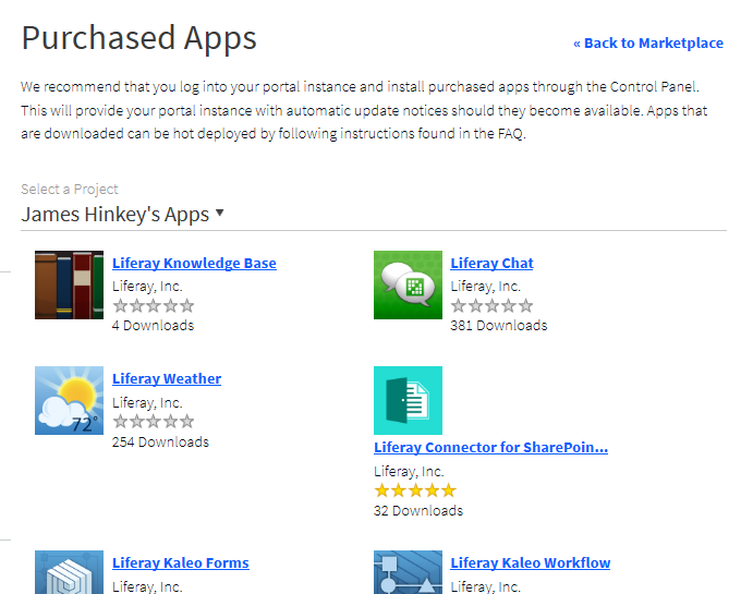 Figure 3: You can manage your purchased apps from your liferay.com accounts home page.