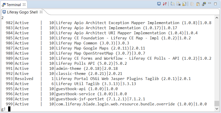 Figure 2: You can check to see if your project deployed successfully to Liferay using the Gogo shell.