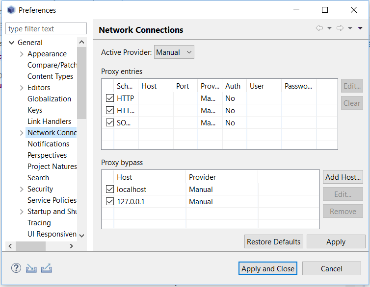 Figure 1: You can configure your proxy settings in Dev Studios Network Connections menu.