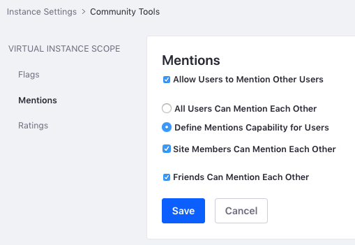 Figure 3: You can enable or disable the Mentions feature for all of the Virtual Instances sites.
