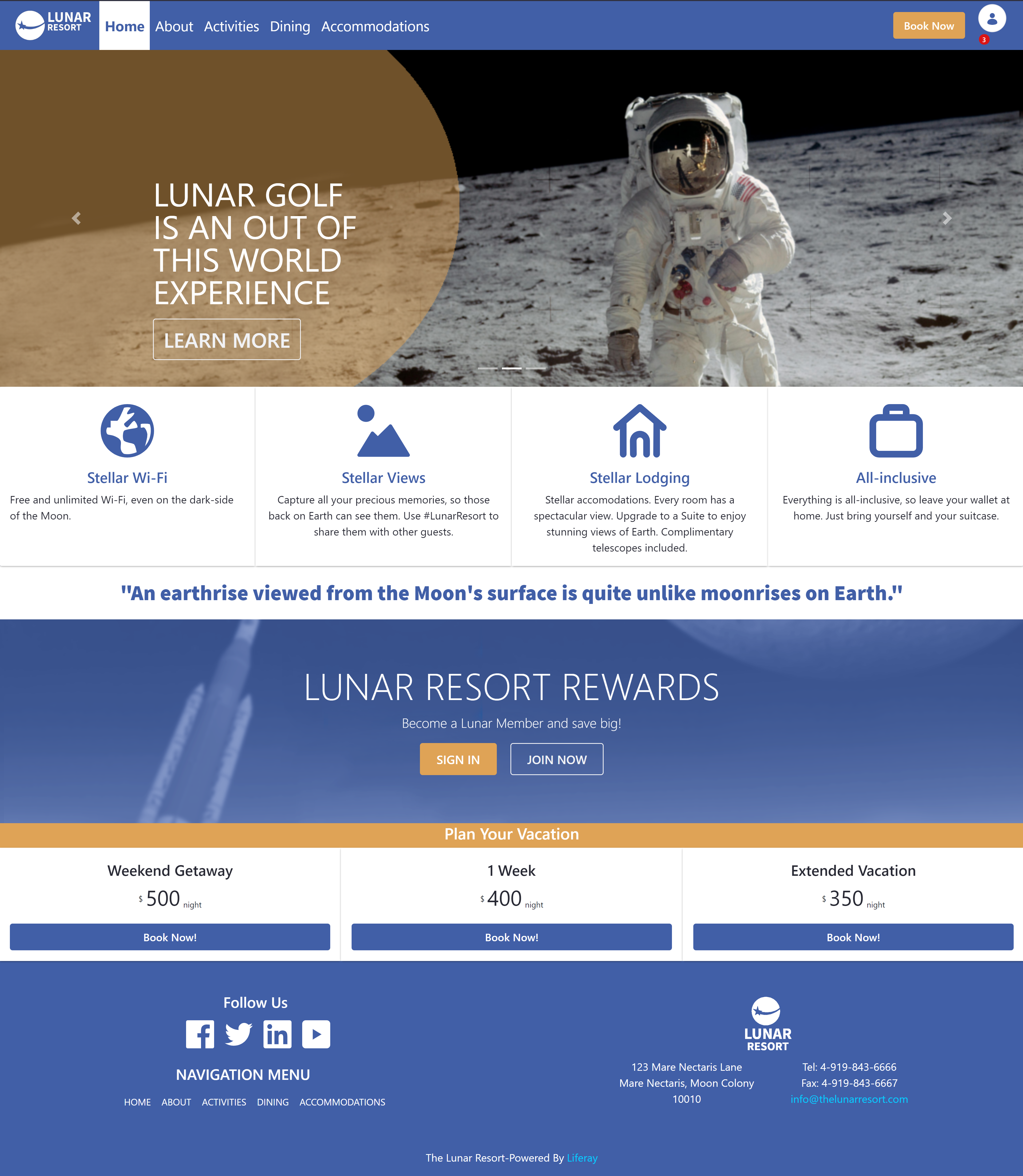 Figure 1: The finished Lunar Resort Theme uses Liferay DXPs tools to produce a user-friendly UI that is maintainable.