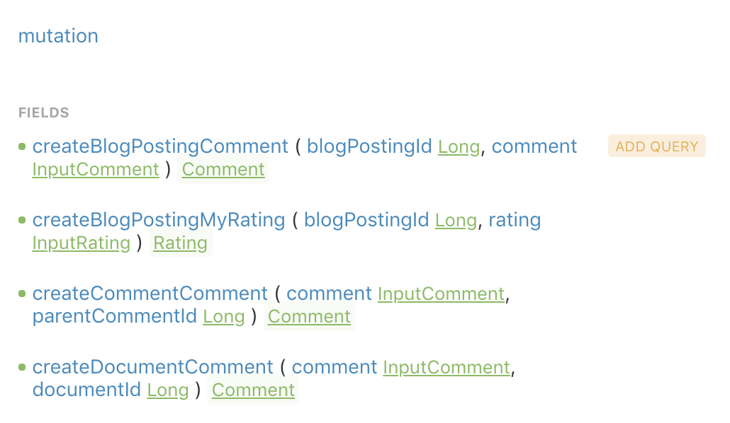 Figure 1: The GraphQL Mutations list for Blog postings shows the possible operations.